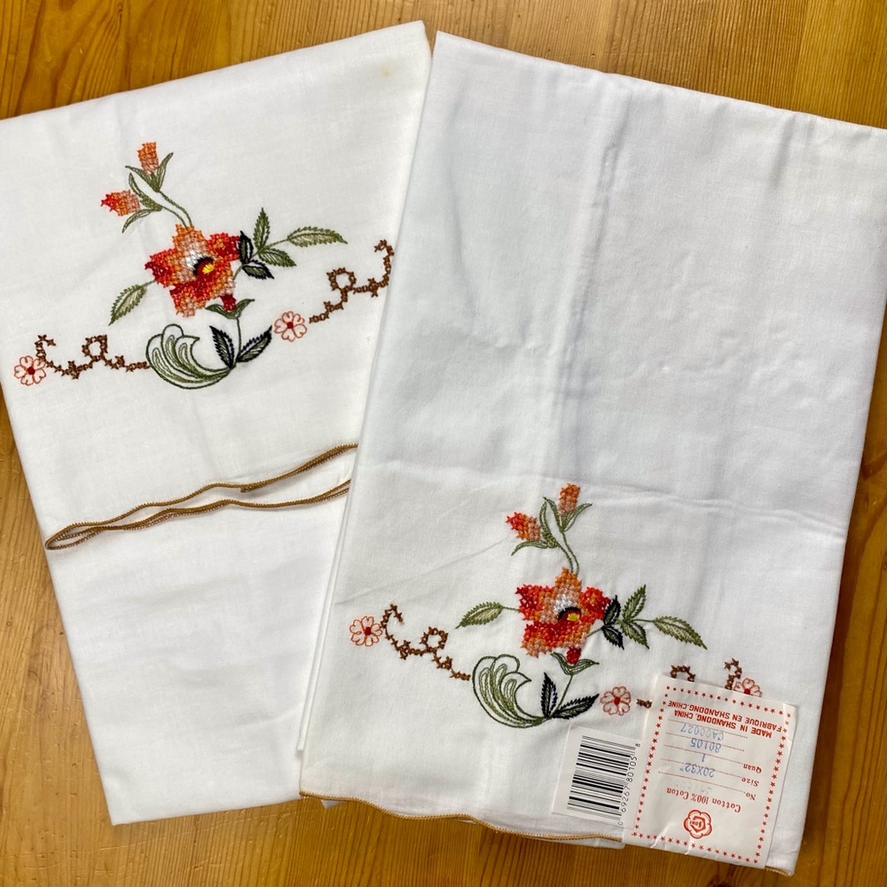 Set of two embroidered cotton pillow shams, NWT, 20" x 32", white with floral
